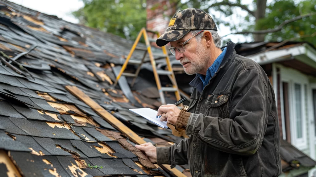 A Homeowners' Insurance Adjuster Inspecting A Damaged Roof